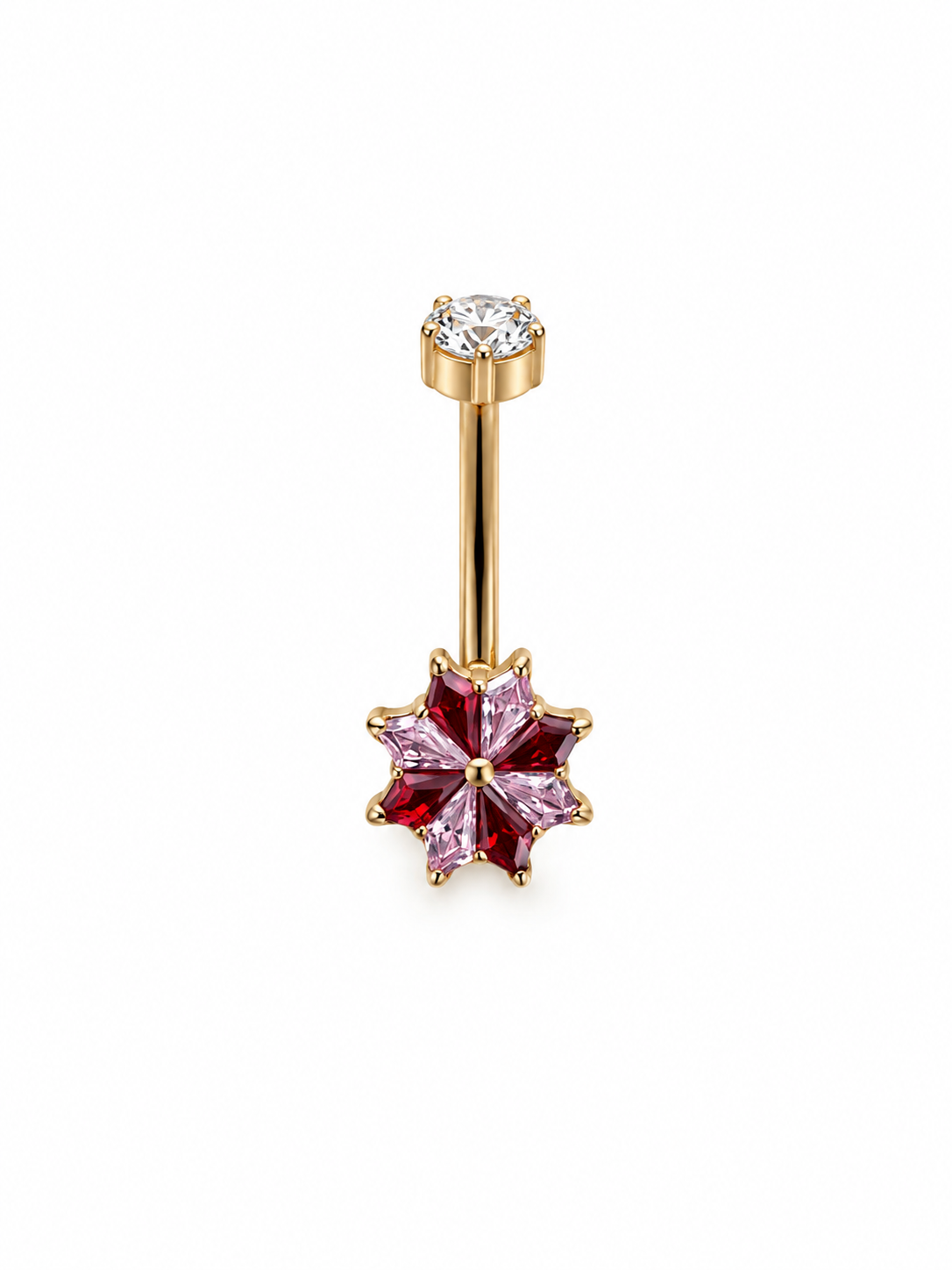 Piercing de nombril doré avec étoile en cristaux roses et zircone blanche.