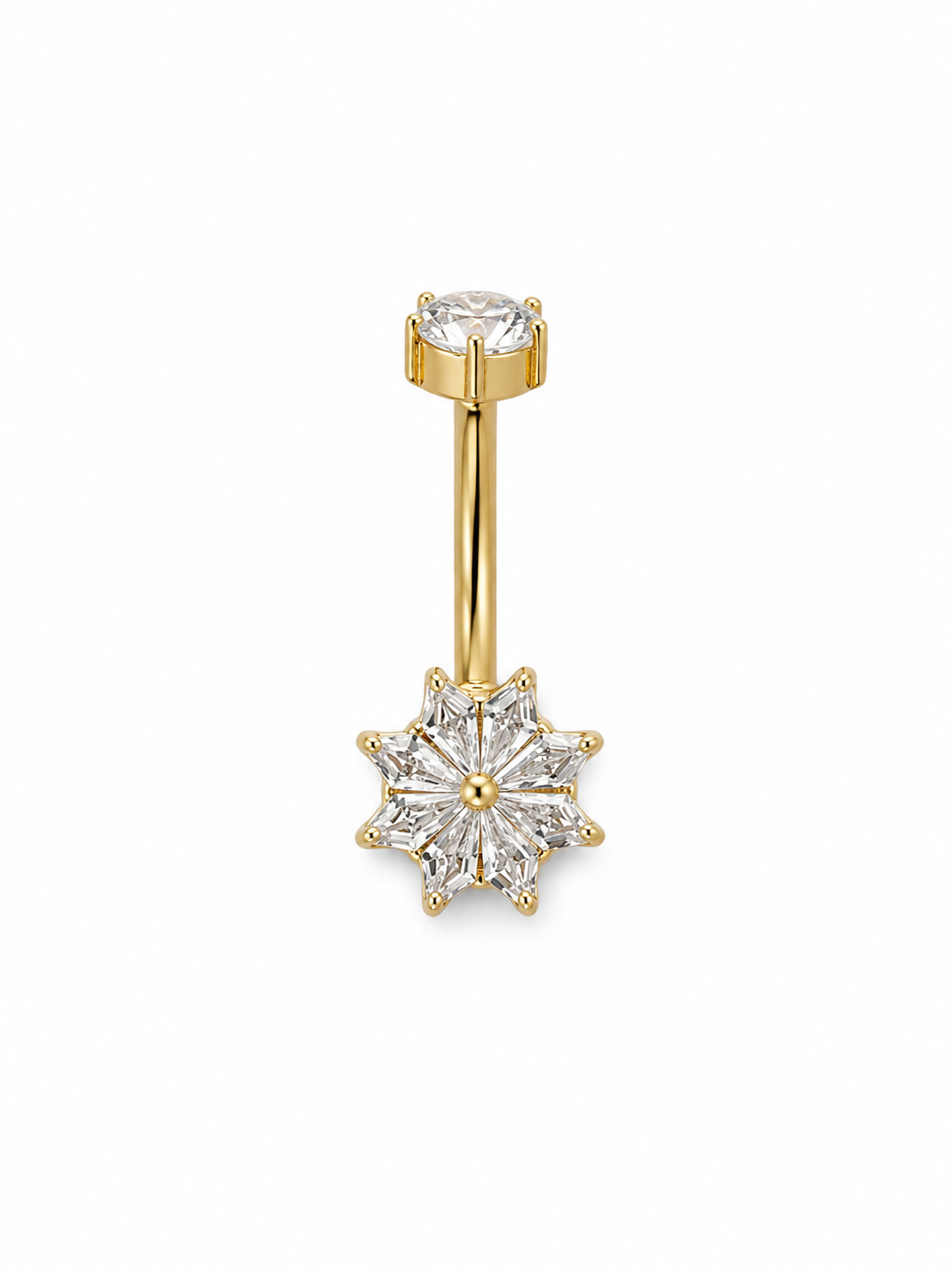 Piercing de nombril doré avec étoile en cristaux blancs et zircone blanche.