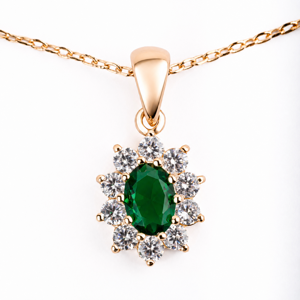 Collier PROMESSE doré avec pendentif orné d’une zircone verte entourée de zircones blanches.